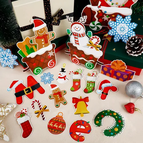 Vista 3 de Konsait Decoración de tablero de anuncios de árbol de Navidad, 56 unidades, cajas de regalo de copos de nieve de Papá Noel, recortes de Navidad