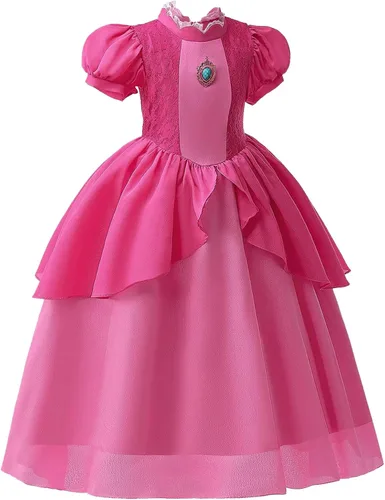 Vista 2 de WYB Princess Peach Costume Dress Halloween Cosplay Dress Up for 3-9 Years Girls Kids Outfits with Crown Gloves Scepter Earing