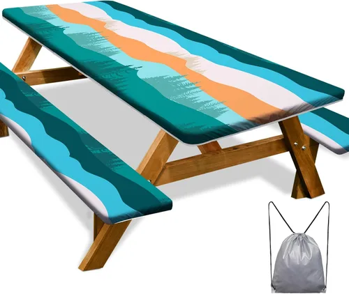 Vista 54 de Funda de mesa de picnic con fundas para bancos Esenciales de camping Mantel de picnic impermeable y a prueba de viento con bolsa de cordón, funda
