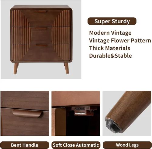 Vista 5 de HOMPUS Mesa auxiliar de 3 cajones, camisón marrón de 3 cajones, mesita de noche de madera de mediados de siglo, mesita de noche moderna