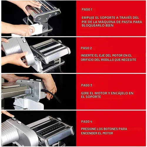 Vista 2 de Shule Máquina eléctrica para hacer pasta con motor Set Máquina de rodillo de pasta de acero inoxidable Plata
