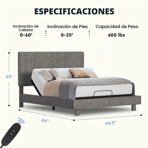 Vista 2 de FLEXISPOT Cama ajustable Queen con marco tapizado de terciopelo, gris Gris oscuro