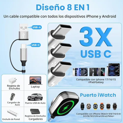 Vista 2 de Cable de carga múltiple USB C 4in2 3 X para cargador de iWatch, 5 B1-cuadrado