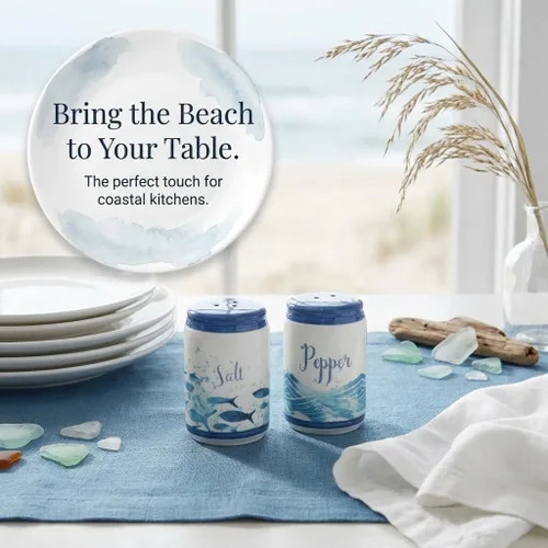 Vista 2 de Beachy Blue Fish & Ocean Waves - Salero y pimentero de cerámica Decoración funcional pintada a mano en azul y blanco costero para cocina y comedor