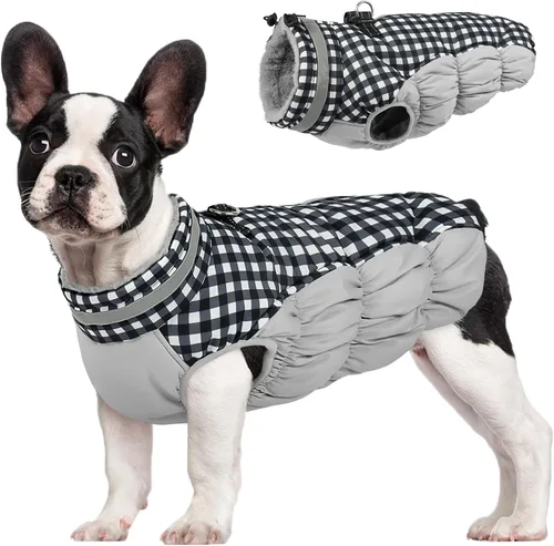 Vista 27 de Abrigo para perro, chaqueta cálida de invierno, acolchada, de vellón, chaleco reflectante con arnés, chaqueta de nieve impermeable con cremallera, a