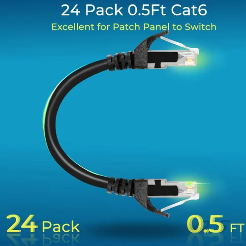 Vista 2 de Rapink Patch Cables Cat6 - Cable de conexión Ethernet Cat6 de 0.5 pies (paquete de 24), 10G, cable de conexión Cat 6 para panel de conexiones a
