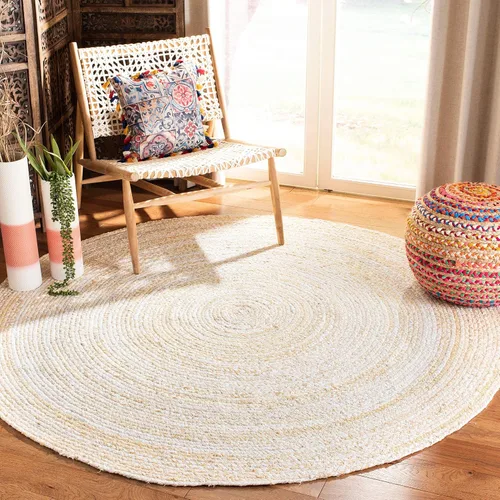Vista 46 de SAFAVIEH Alfombra trenzada de la colección – Alfombra redonda de 3 pies, color beige con detalles rosados, algodón hecho a mano, estilo cabaña