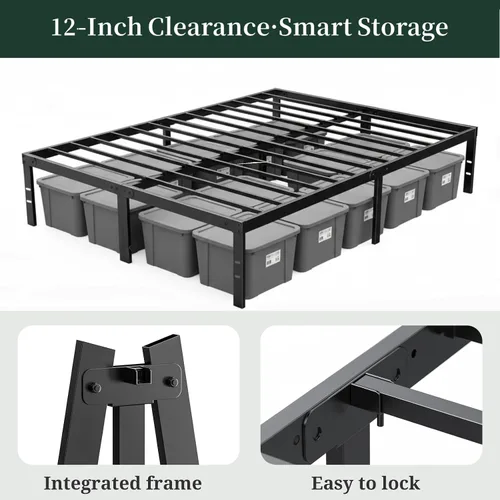 Vista 5 de Marco de cama de tamaño matrimonial, plataforma de metal de 14 pulgadas con Negro