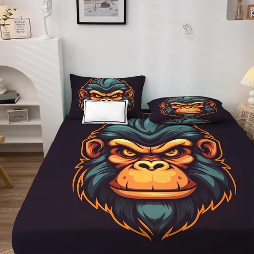 Vista 2 de Juego de sábanas de chimpancé tamaño individual, sábanas de chimpancé, sábanas y fundas de almohada estampadas de 3 piezas, sábana bajera ajustable