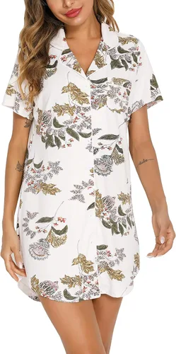 Vista 143 de Samring Camisón de pijama para mujer, manga corta/larga, con botones, camisón para dormir, camisón para novio, talla XXL