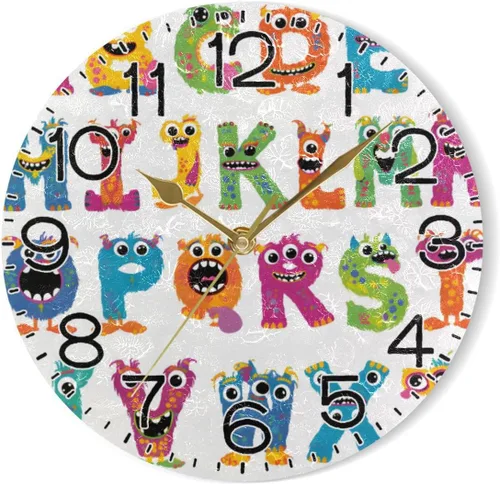 Vista 7 de ALAZA Reloj de pared con letras del alfabeto de monstruo divertido, funciona con pilas, silencioso, de cuarzo, analógico, rústico, rústico, reloj