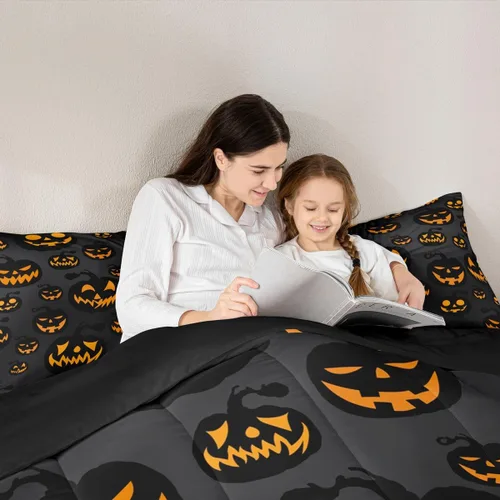 Vista 6 de Feelyou Juego de edredón de calabaza para todas las estaciones, decoración de Halloween, juego de ropa de cama con 1 funda de almohada, microfibra