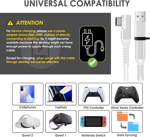Vista 5 de Kopatesun for Oculus Quest Cable 2 Link 20FT USB 3.0 Type C to C - Fast Charging Cables, Long USB C Cable to PC, Virtual Reality Extension Charger