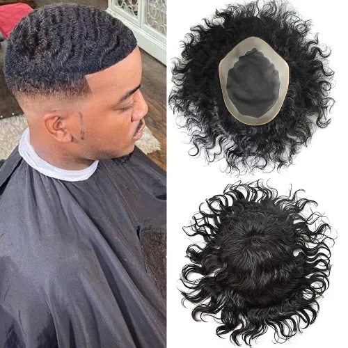 Vista 12 de Afro Curl Black Mens Toupee Afro Americano Unidades de Cabello para Hombres Negros Kinky Rizado Fino Mono Brasileño Cabello Humano Pelucas Hombres