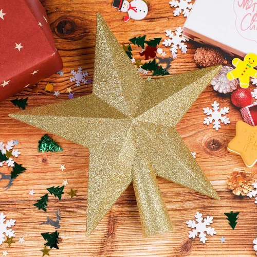 Vista 6 de URATOT Adorno de estrella de Navidad brillante para copa de árbol, decoración decorativa inastillable para árbol de Navidad, estrella dorada, 10 cm