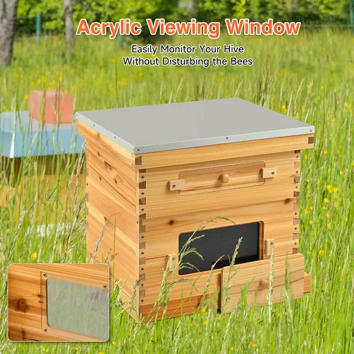 Vista 5 de CREWORKS Colmena de abejas de 10 marcos, kit de iniciación de colmena recubierta de cera de abeja de 2 capas con marcos y fundaciones, caja