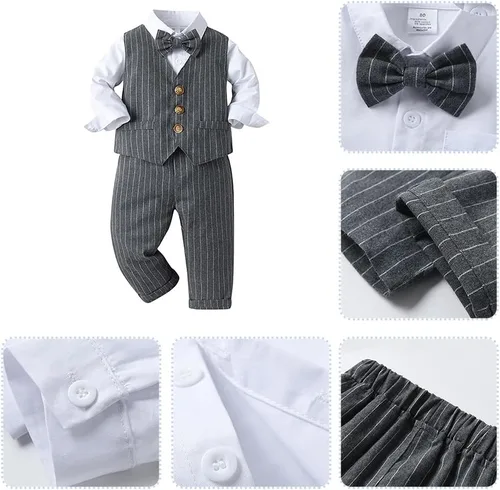 Vista 8 de IDOPIP Trajes de otoño e invierno para niños pequeños, camisa de manga larga con corbatín + chaleco + pantalones largos, overoles
