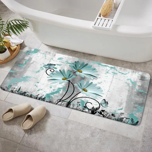 Vista 13 de Alfombra de baño rústica de granja, diseño de margaritas y mariposas en madera de campo, tapete de baño de madera color gris, blanco, azul marino