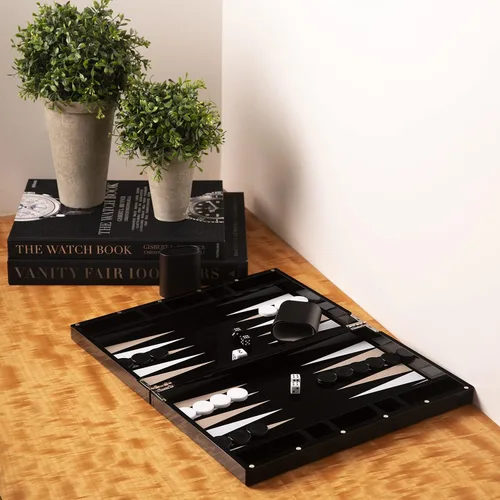 Vista 3 de Bey-Berk Damien - Juego de backgammon de acrílico, estuche de Lucite negro de 14 pulgadas con cierre magnético y piezas de juego completas, elegante