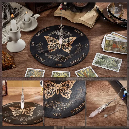 Vista 6 de AHANDMAKER Tabla de péndulo de bruja de 7.8 pulgadas, plancha de madera para radiestesia con péndulos de cristal de cuarzo rosa, herramientas