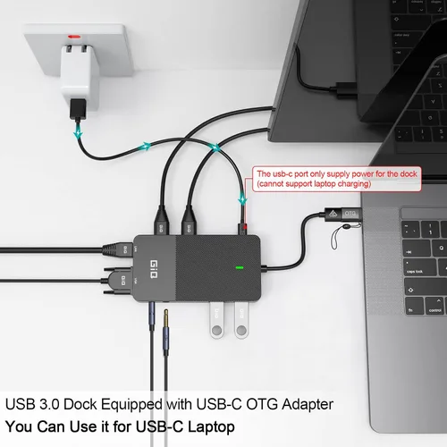 Vista 5 de Estación de acoplamiento USB GIQ USB C HUB USB 3.0 a HDMI dual Adaptador VGA de triple pantalla USB C Estación de acoplamiento para portátil Monitor