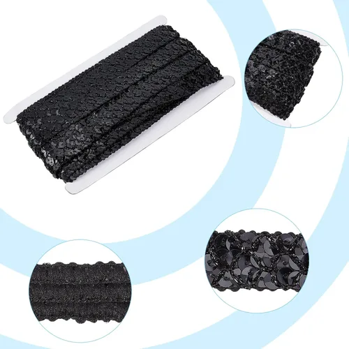 Vista 5 de GORGECRAFT Cinta de lentejuelas negras de 0.78 pulgadas (14 yardas) con purpurina y lentejuelas de encaje, tiras de lentejuelas de 3 filas, rollo