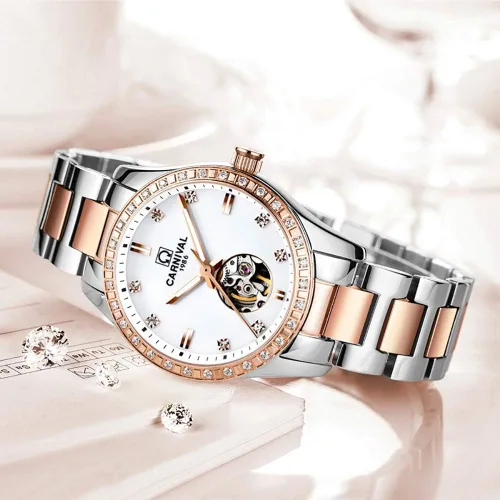 Vista 2 de CARNIVAL Reloj mecánico automático de zafiro sintético para mujer, oro rosa, acero inoxidable, zafiro, resistente al agua, blanco