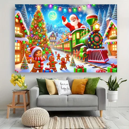 Vista 4 de BlissYard Telón de fondo de tren de Papá Noel, 71 x 43 pulgadas, pancarta de escena de Navidad de pan de jengibre, fondo de fotos para fiestas