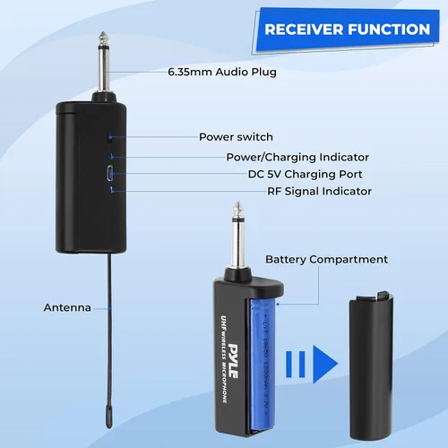 Vista 2 de Pyle Pyle PDWMU211 - Sistema de micrófono dual UHF inalámbrico profesional portátil con auriculares/micrófono de solapa, transmisor de cinturón