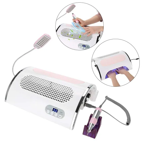 Vista 9 de Sonew Máquina perforadora eléctrica multifuncional 4 en 1, kit de taladro de lima de uñas con lámpara secadora de uñas de 54 W y colector de succión