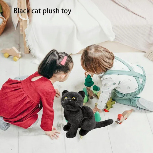Vista 2 de Tiny Heart Juguete de peluche suave de imitación de gato negro de 9 pulgadas de largo, lindo y realista juguete de peluche de gato negro para niños