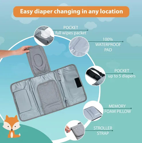 Vista 3 de Lil Fox Cambiador de pañales portátil - Cambiador de pañales de una mano para bolso de pañales o mesa de cambio. Regalos unisex para baby shower