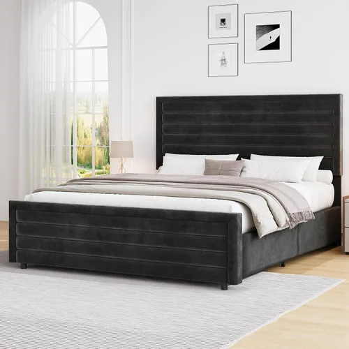 Vista 10 de REVOMINCA Armazón de cama tamaño completo (Full Size), plataforma tapizada con cabecera y pie de cama de terciopelo, base de colchón con listones