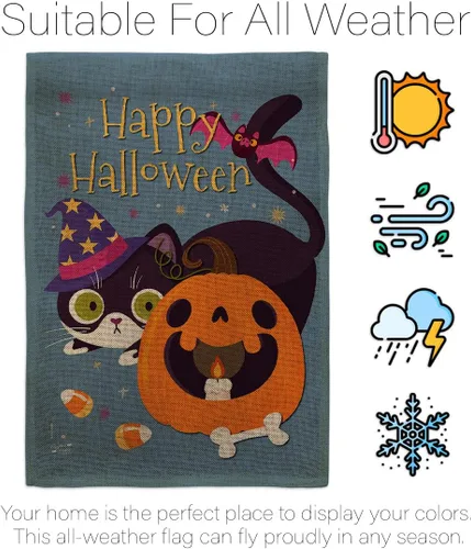 Vista 6 de Juego de bandera de casa de arpillera de gato brujo para otoño, Halloween, truco o trato espeluznante noche negro temporada otoño calabaza
