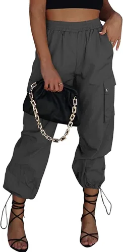 Vista 9 de Pantalones de paracaídas para mujer, cintura alta elástica, pantalones cargo Y2K holgados con 4 bolsillos
