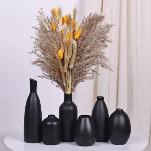 Vista 4 de Paquete de 6 jarrones pequeños de cerámica negra para decoración del hogar, jarrones pequeños y bohemios modernos para centros de mesa a granel