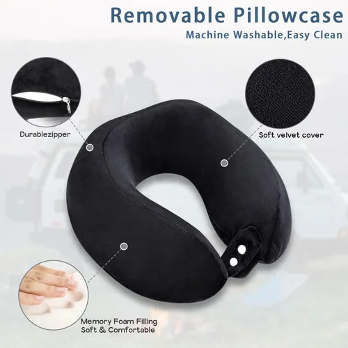 Vista 2 de Almohada de cuello de espuma viscoelástica para el cuello de avión con funda de terciopelo, almohada suave de avión para dormir, almohada de viaje