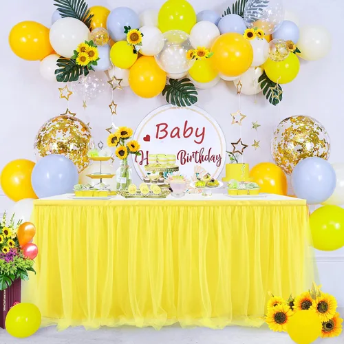 Vista 9 de Suppromo Pack de 2 faldas de mesa de tul azul de 6 pies para mesas rectangulares o redondas, mantel de tul azul para baby shower, cumpleaños