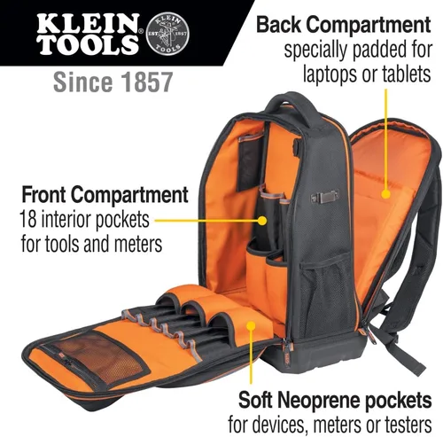 Vista 2 de La mochila Klein Tools 62805BPTECH Tradesman Pro Extra-Large Tech Tool Backpack con 28 bolsillos, bolsa para herramientas para laptop con fondo