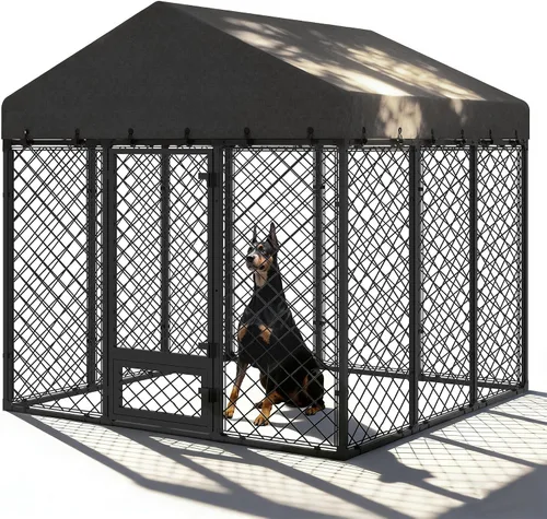 Vista 10 de Perrera resistente para perros de 10 x 14 x 6.4 pies, con doble cerraduras seguras y cubierta de techo impermeable y resistente a los rayos UV