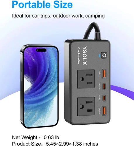 Vista 5 de Inversor de Corriente para Automóvil de 300W - YSOLX Adaptador Dual de Salida de Automóvil DC 12V a AC 110V a Enchufe de Pared, Carga Rápida USB-C