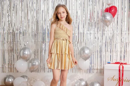 Vista 7 de Danna Belle Vestido de fiesta de verano para niñas, con un hombro, volantes, escalonado, ropa de regalo, tallas 5-14