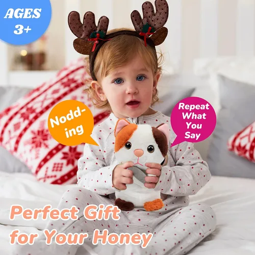 Vista 7 de Hopearl Gatito parlante repite lo que dices, gato con pez, juguete animado interactivo eléctrico, juguete de peluche para niños pequeños, 7 pulgadas