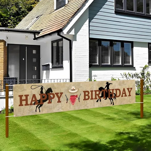 Vista 3 de Labakita Cartel grande de feliz cumpleaños de vaquero occidental, decoraciones de fiesta temática occidental para niños y hombres
