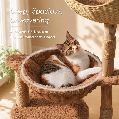 Vista 3 de PAWZ Road Árbol moderno para gatos con poste rascador de madera maciza natural, torre para gatos de 40 pulgadas con cesta de mimbre grande, hamaca