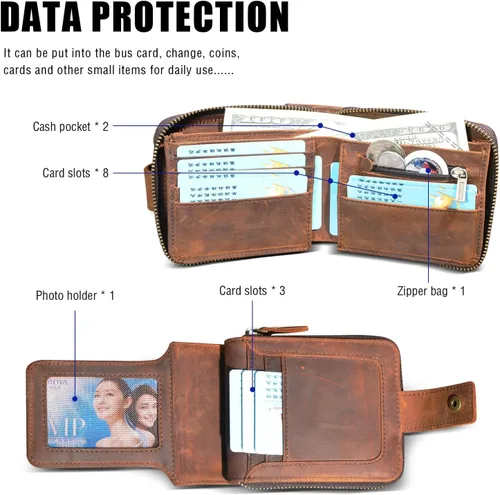 Vista 5 de Handadsume Genuino caballo loco cuero viaje regalo moneda bolsillo tarjeta caso largo organizador cadena Rfid monedero con broche para hombres
