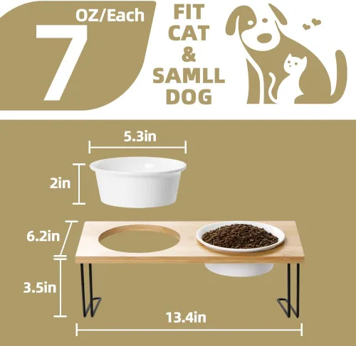 Vista 3 de Sweejar Cuencos elevados de cerámica para gatos, cuencos pequeños para perros, cuenco elevado inclinado en 15° con soporte de madera maciza