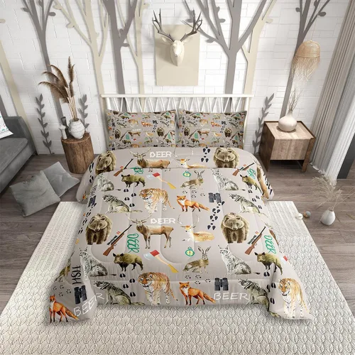 Vista 10 de Juego de edredón de cabaña rústica navideña, juego de ropa de cama estilo rústico con diseño de osos y ciervos, tamaño completo, patchwork Multi 08