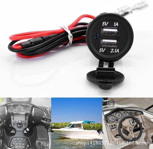 Vista 5 de 5V 3.1A impermeable motocicleta dual USB cargador de coche LED luz de carga zócalo divisor adaptador de salida con cable tornillo conjunto