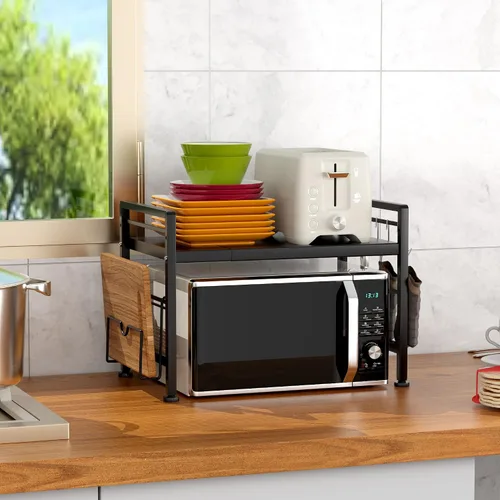 Vista 2 de YIUKEA Estante extensible para horno de microondas, estante ajustable para encimera de cocina, soporte de microondas de 2 niveles